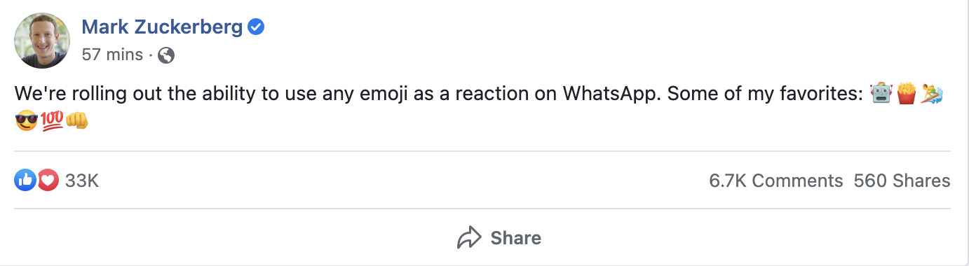 Mark Zuckerberg Facebook post announcing WhatsApp emoji reactions