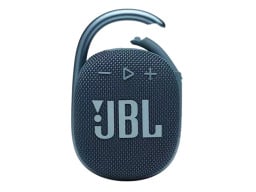 Blue speaker with attached carabiner open