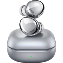 samsung galaxy buds pro in silver stacked on top of the charging case