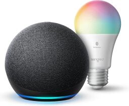 a fourth-gen echo dot next to a sengled smart bulb