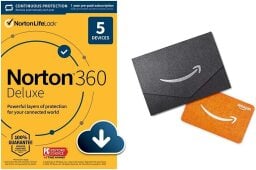 Norton 360 Deluxe box and Amazon gift card on white background