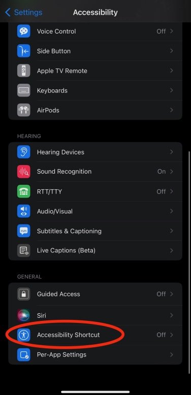 A screenshot of the Accessibility settings, with a red circle around the words "accessibility shortcuts".