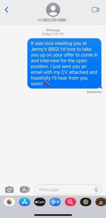 Screenshot of message to a prospective employer with the eggplant emoji at the end