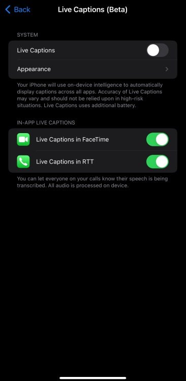 A screenshot of the Live Captions "beta" menu showing several toggle buttons to customize captions.