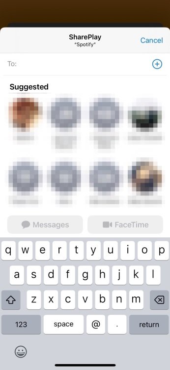 Screenshot of SharePlay screen prompting the user to type in a contact
