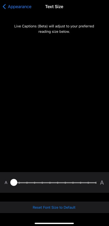 A screenshot of the text size settings, showing the smallest possible font size.