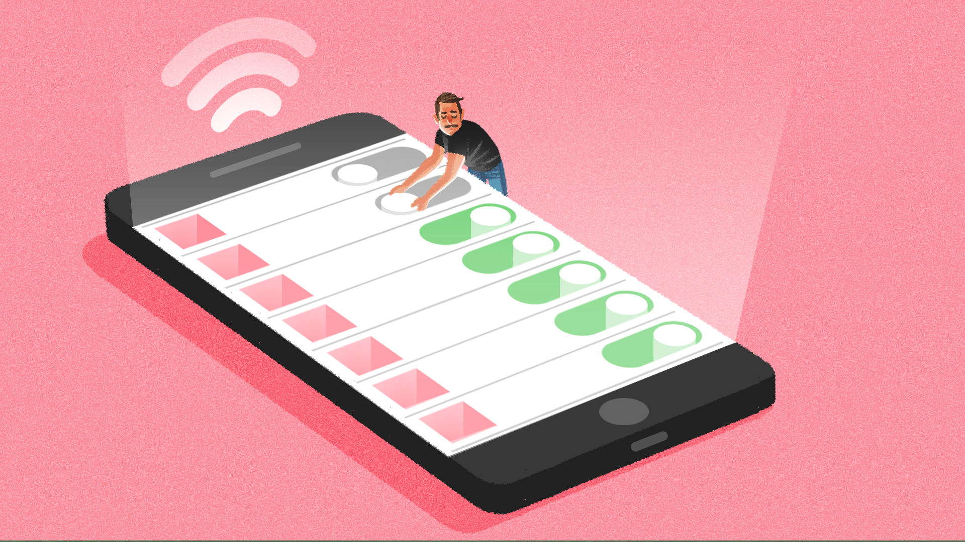 An illustration of a giant phone on a pink background. A man smaller than the phone is switching turning on setting on the phone screen.