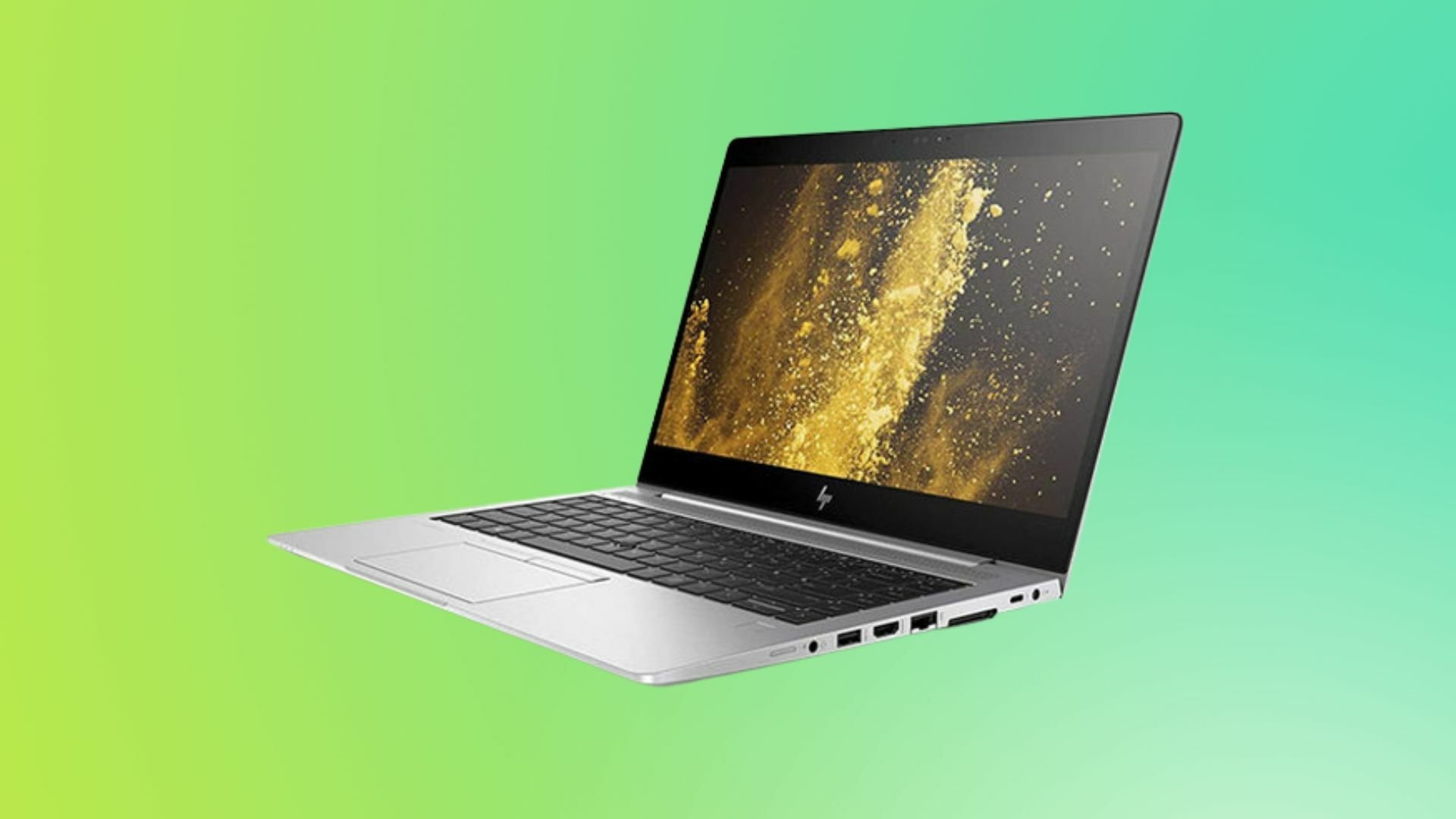 Laptop from the Microsoft Office Pro for Windows 2021 + HP EliteBook + Certificate Course Bundle on a green background.