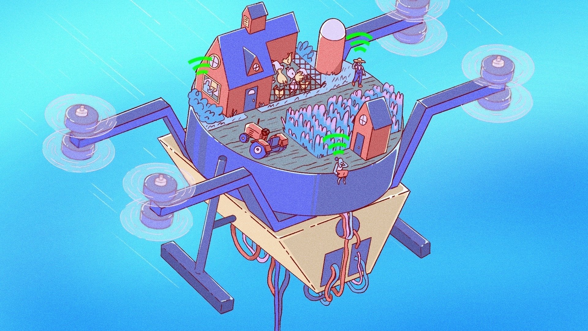Illustration of farm sitting on top of a drone