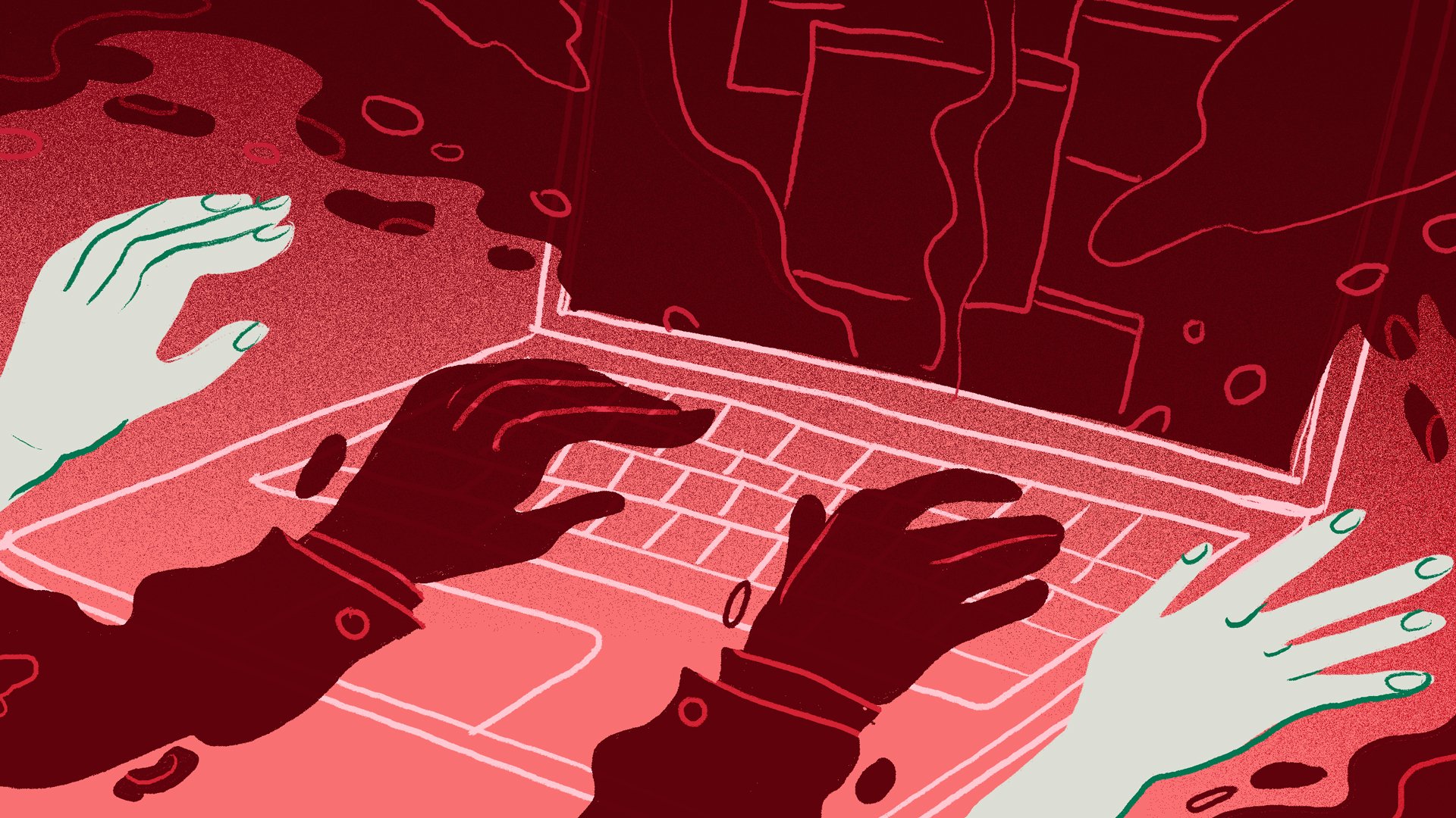 Two sets of hands on a laptop screen.