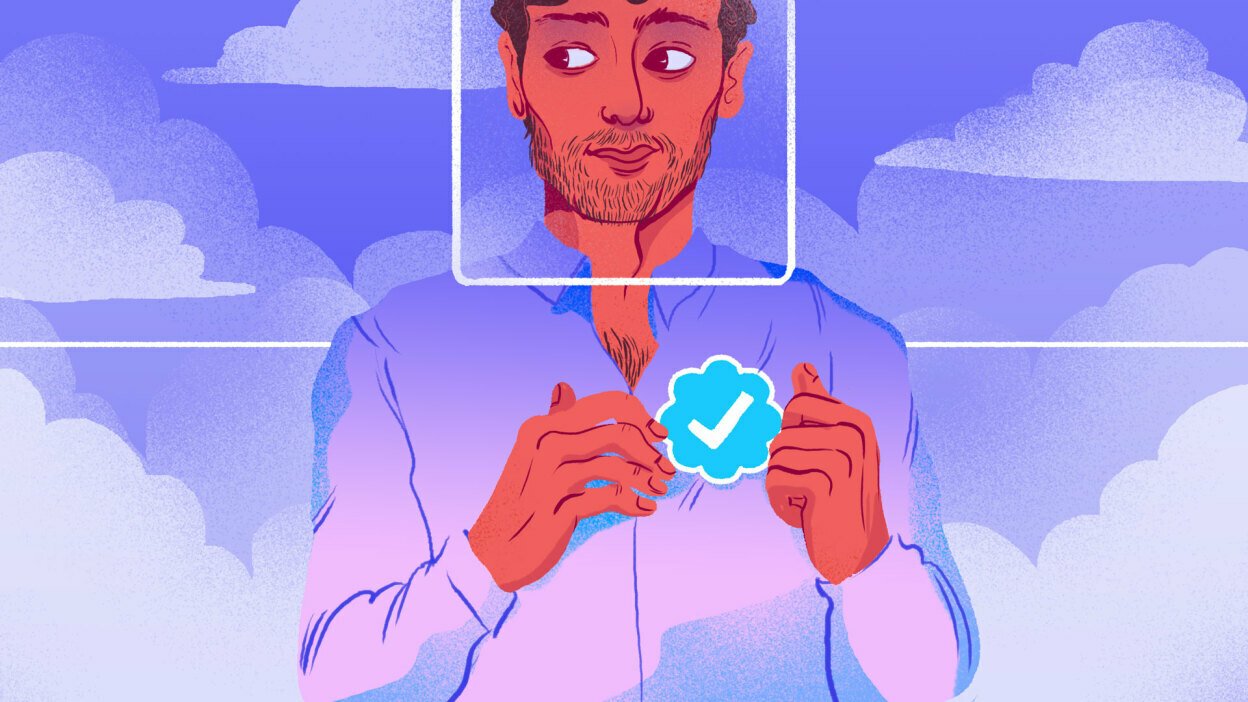 An illustration of a person holding a Twitter 'blue check' icon.