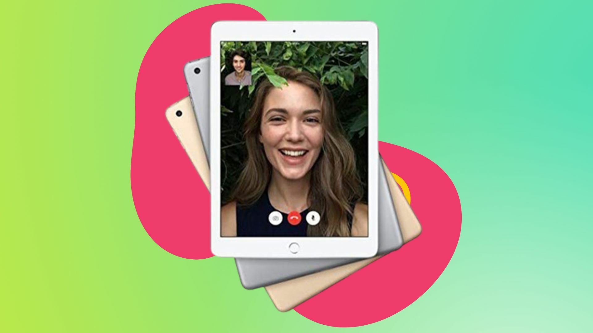 Refurbished 5th-generation Apple iPad in Space Gray on a colorful background.