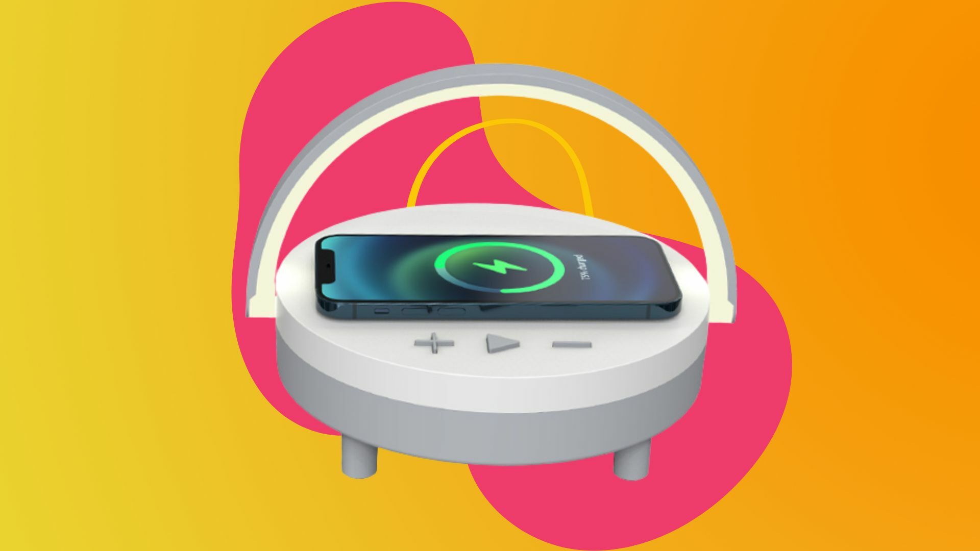 3-in-1 lamp, charger & speaker combo on a colorful background.