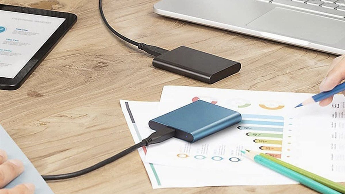 2TB Portable SSD External Hard Drives on a table.
