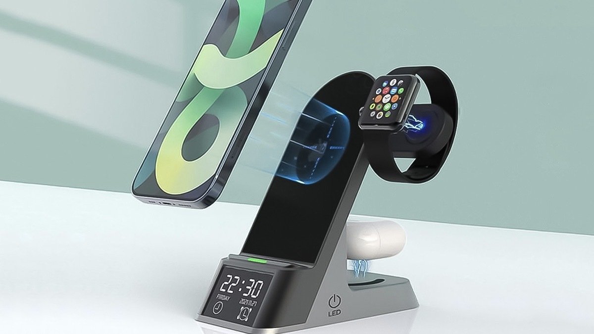 Six-in-One Wireless Charger Stand with Time Clock & Alarm on a green background.