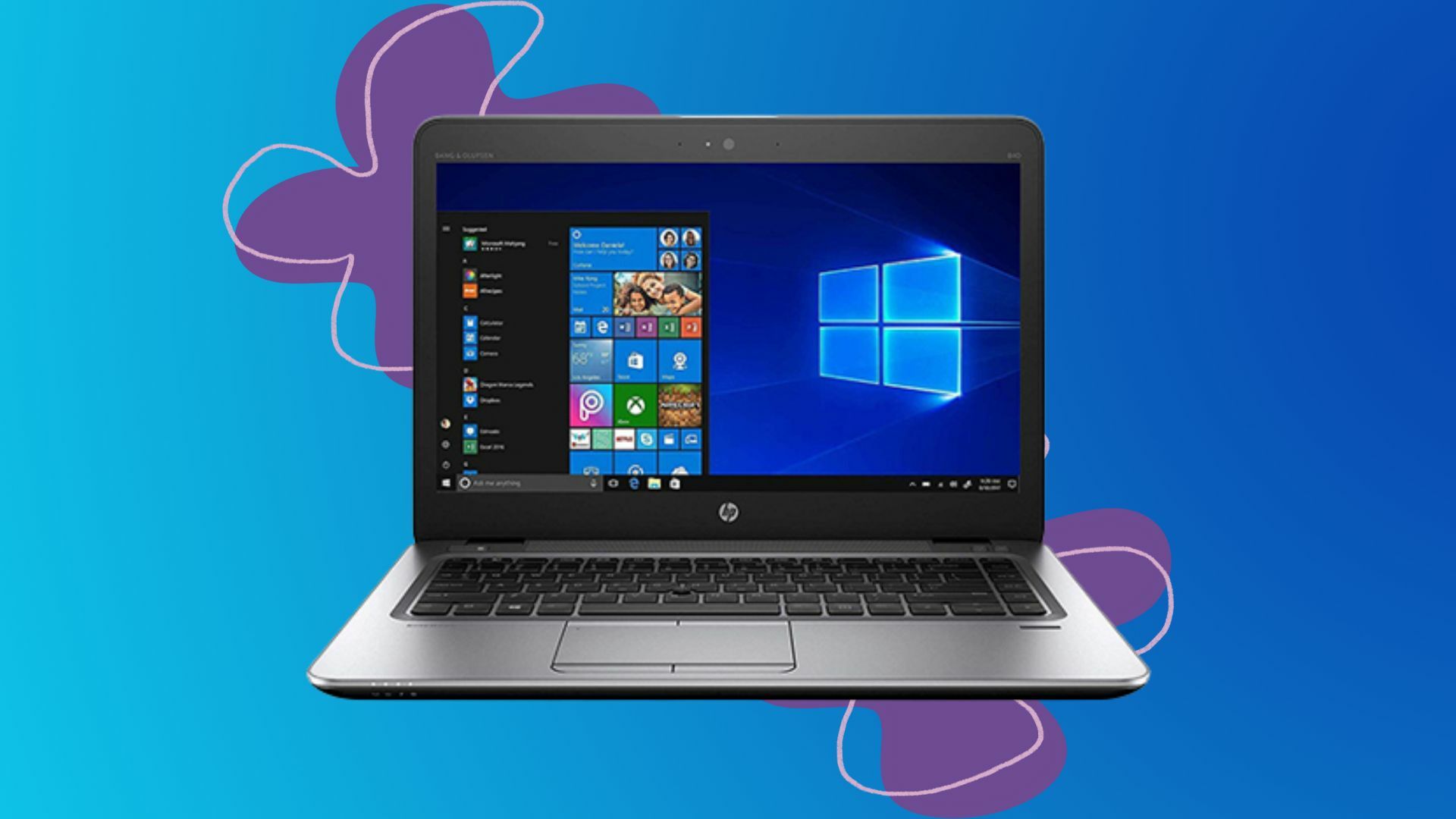 Refurbished HP EliteBook 840 G3 on a colorful background.