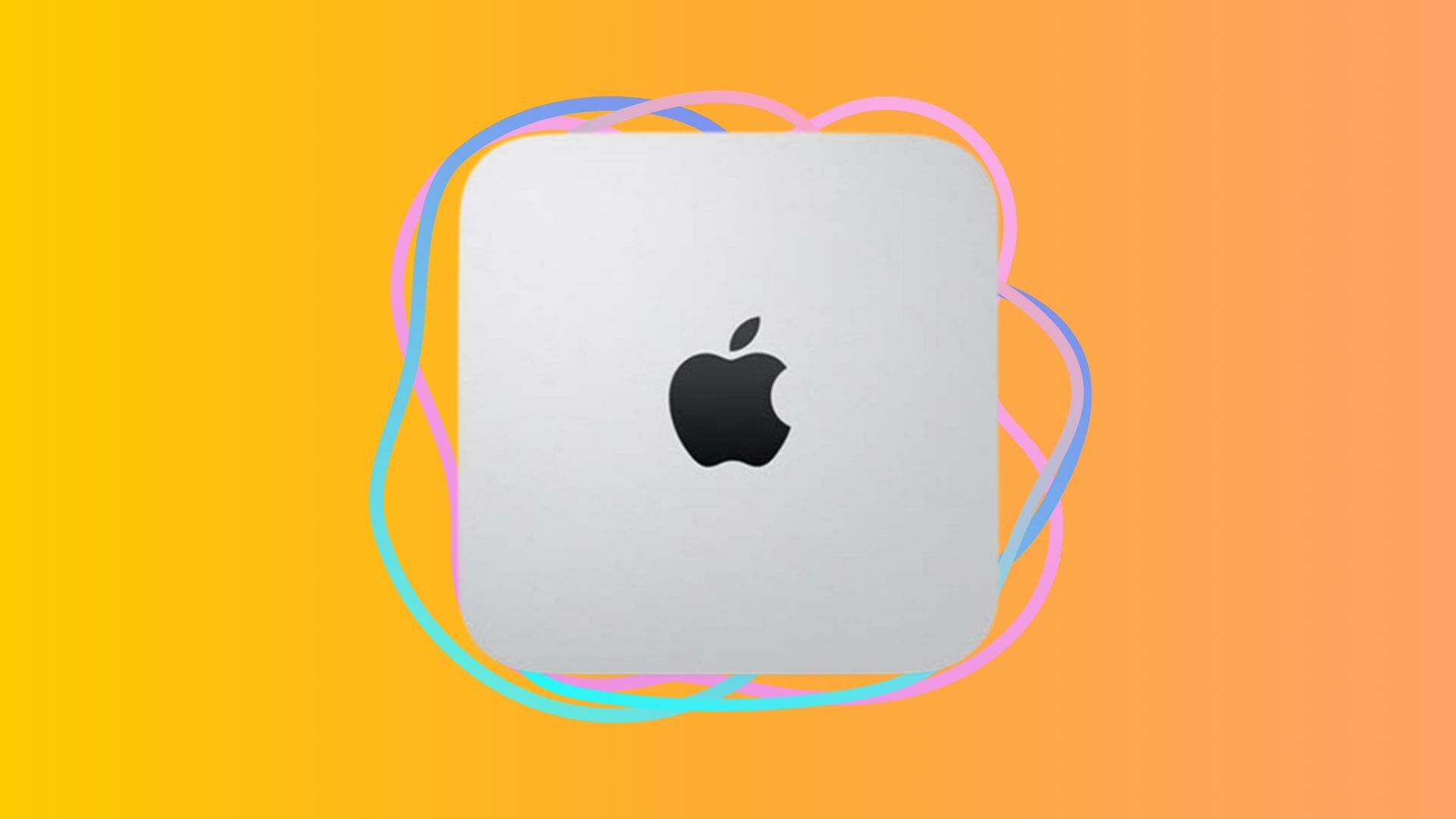 Refurbished Apple Mac Mini on a colorful background.