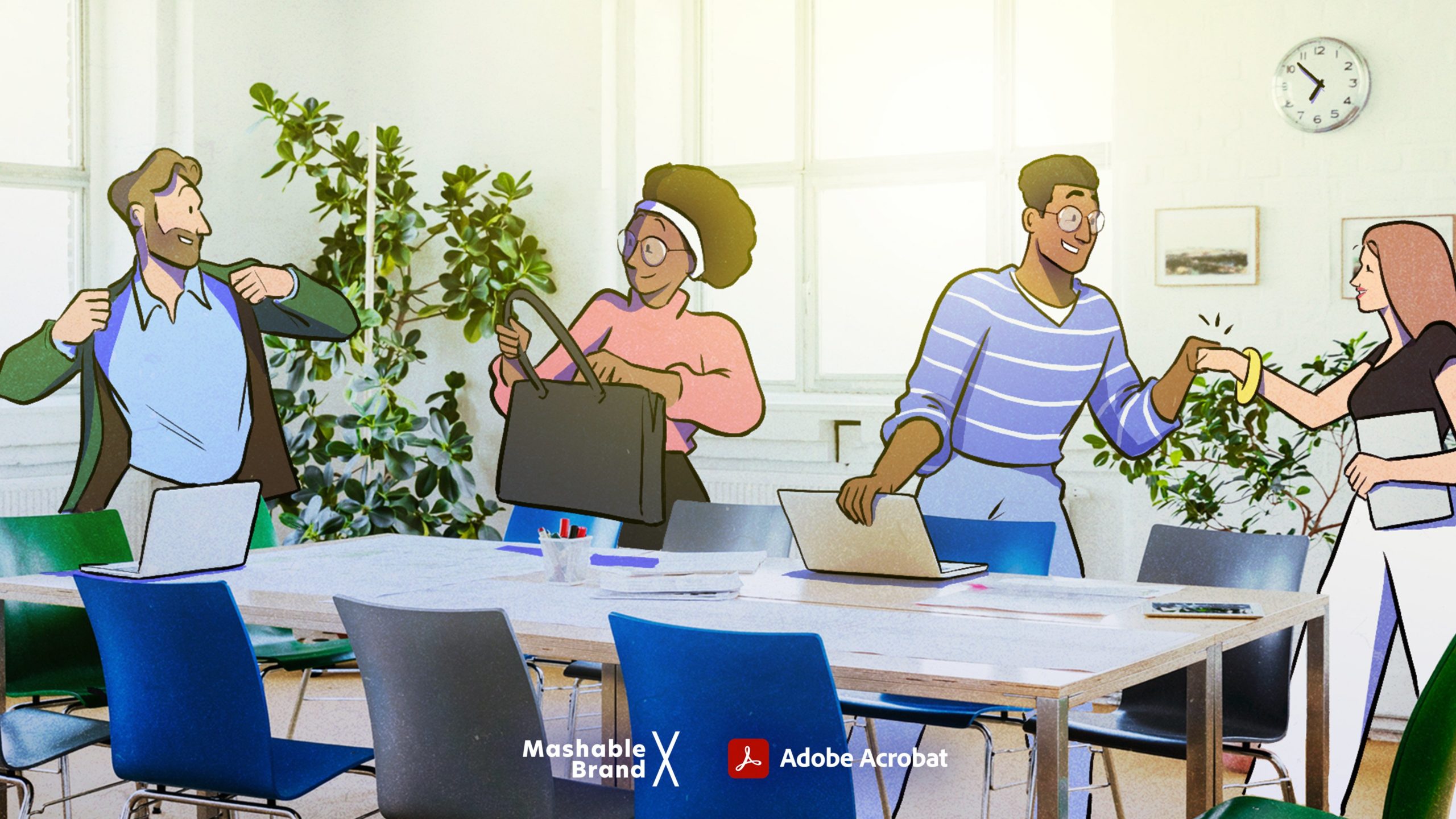 Illustration of coworkers leaving a conference room after successful meeting