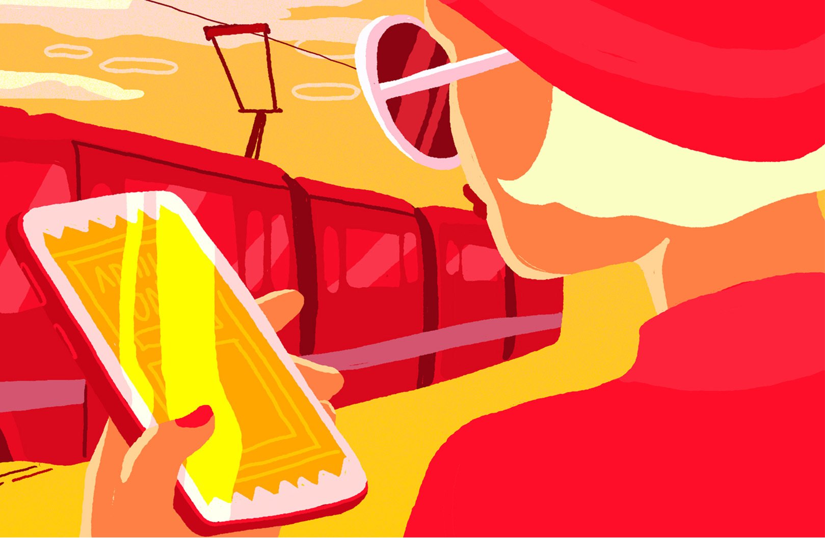 Woman looking at a ticket on her phone.