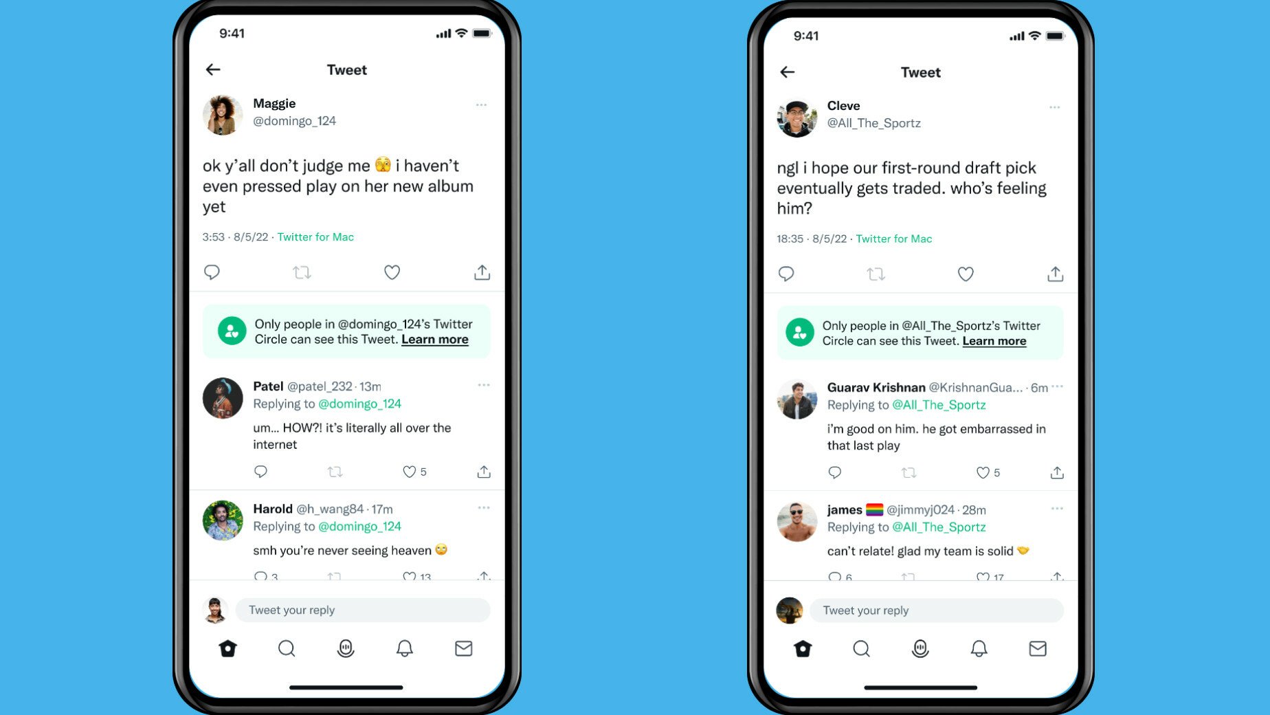 Two screenshots of tweets sent to a Twitter Circle, bearing a green notification that they are Circle tweets.