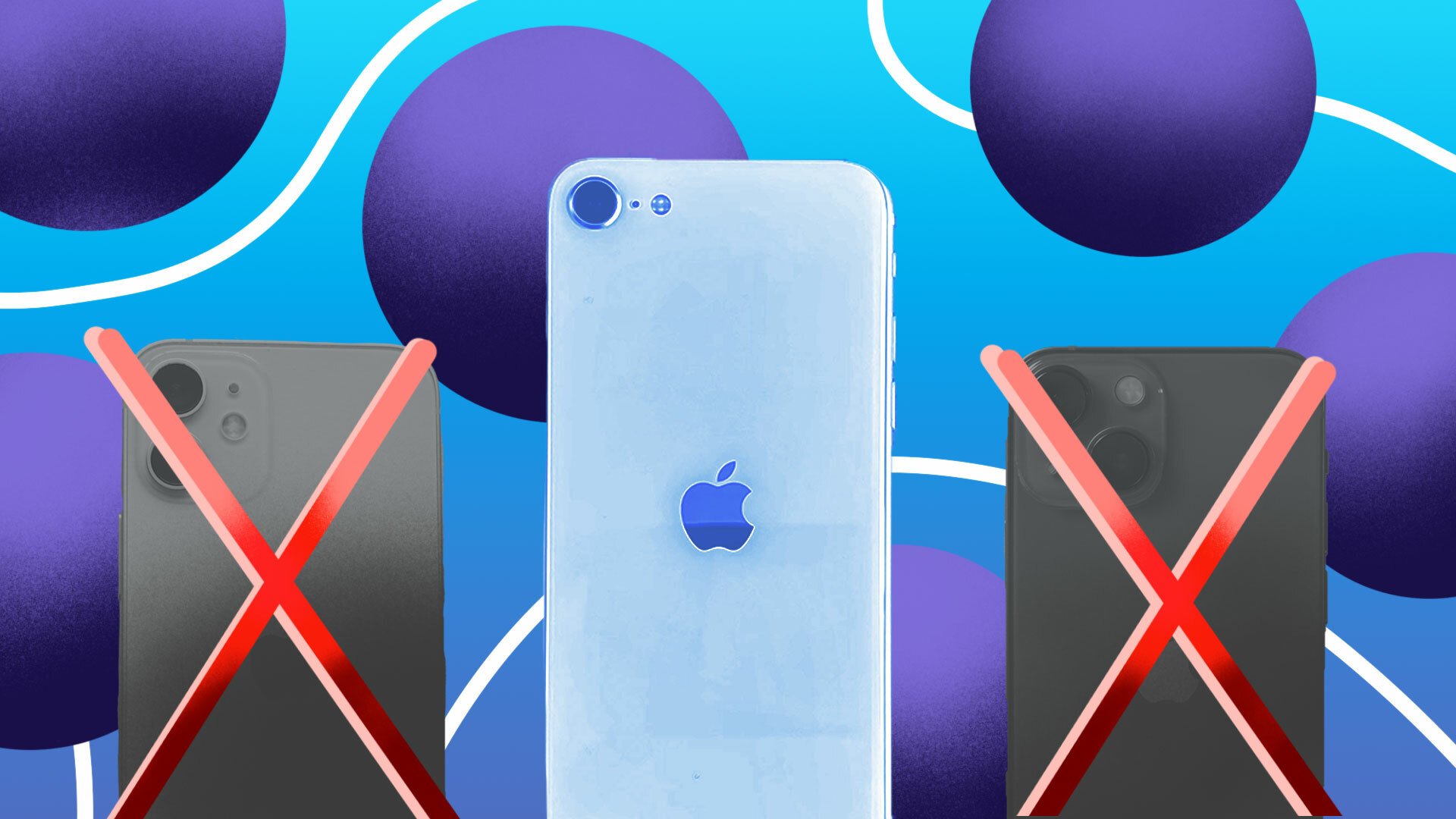 Two iPhone Mini models crossed out with iPhone SE between them