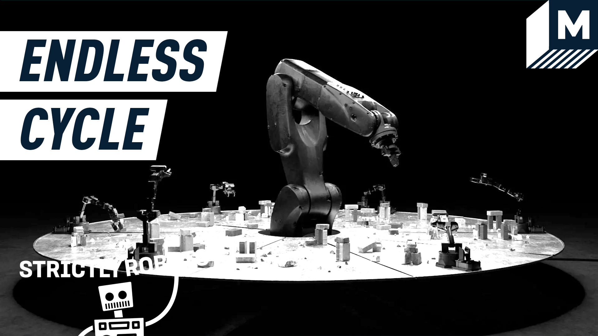 The Sisyphus robotic art installation, featuring one large robot arm over looking many smaller bots