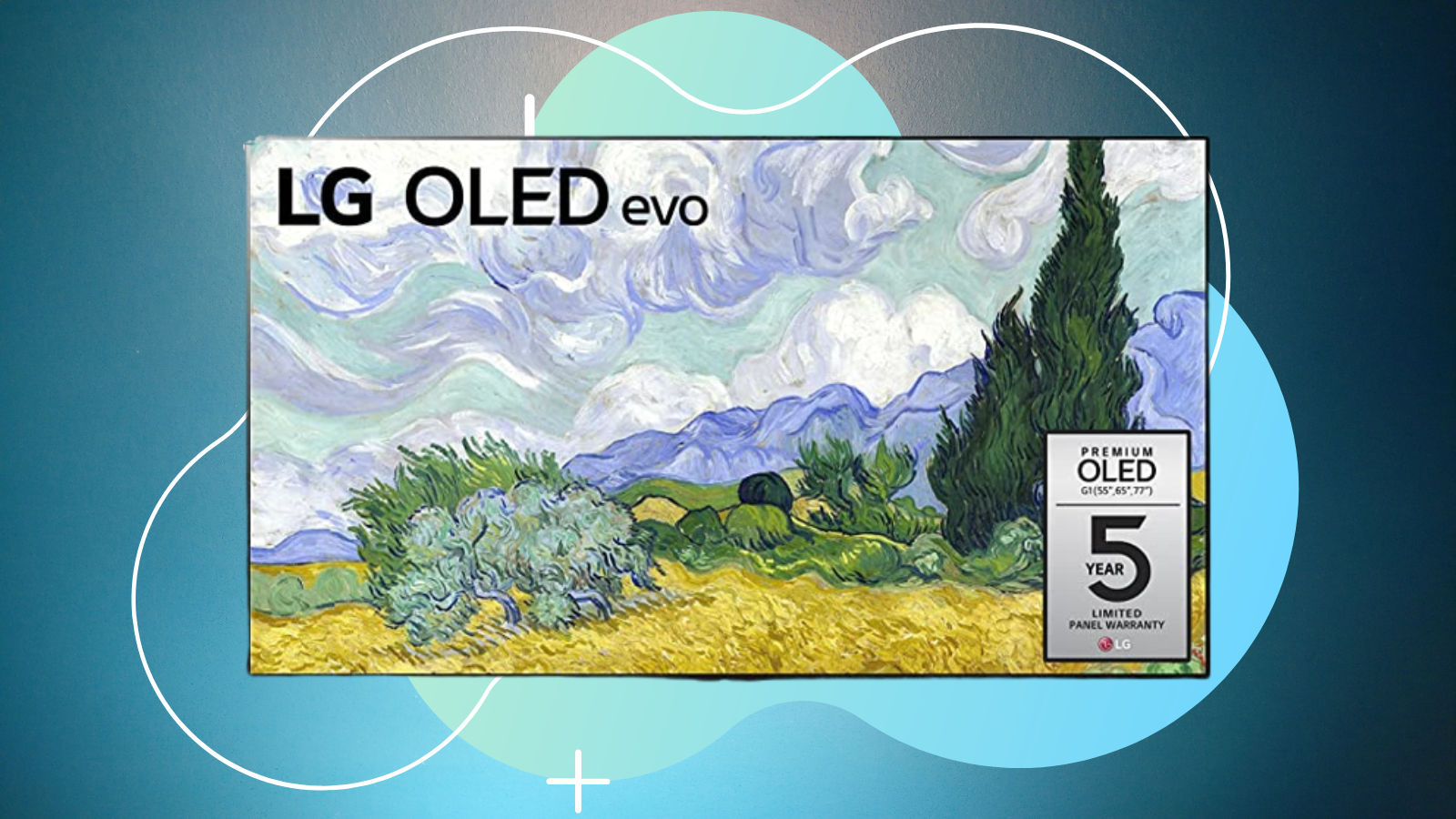 lg g1 77-inch oled 4k tv with watercolor photo on display and blue background