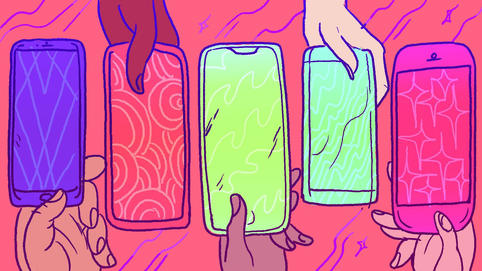 Multicolored illustration of iPhones held in hands.