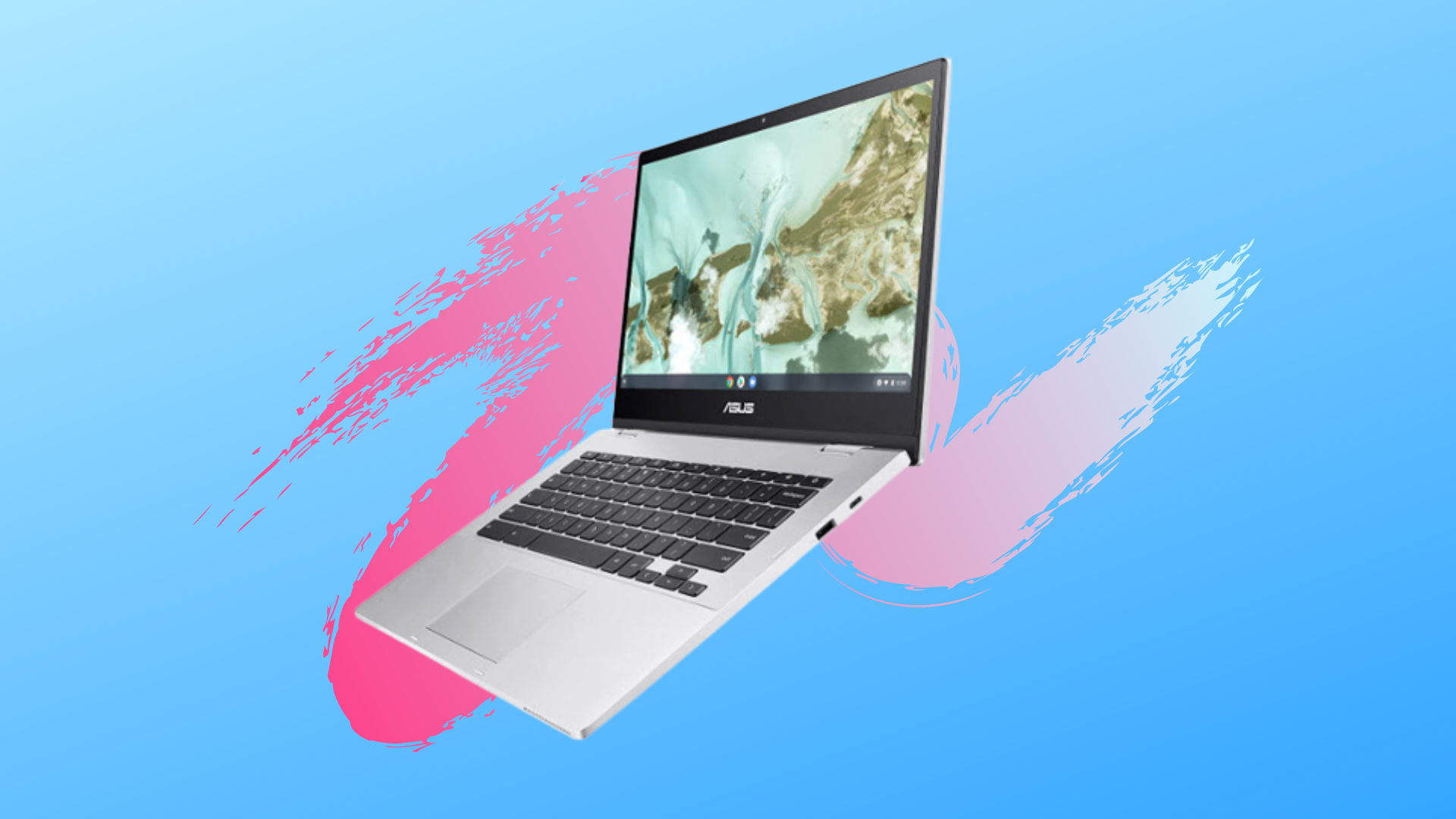 Asus Chromebook CX1 14 laptop against blue background