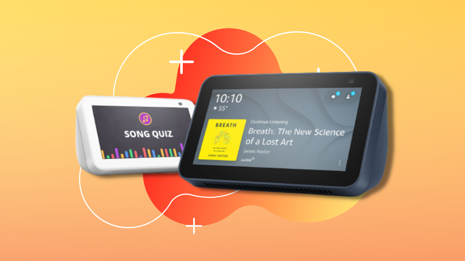 two echo show 5 in white and black side by side with orange and yellow background