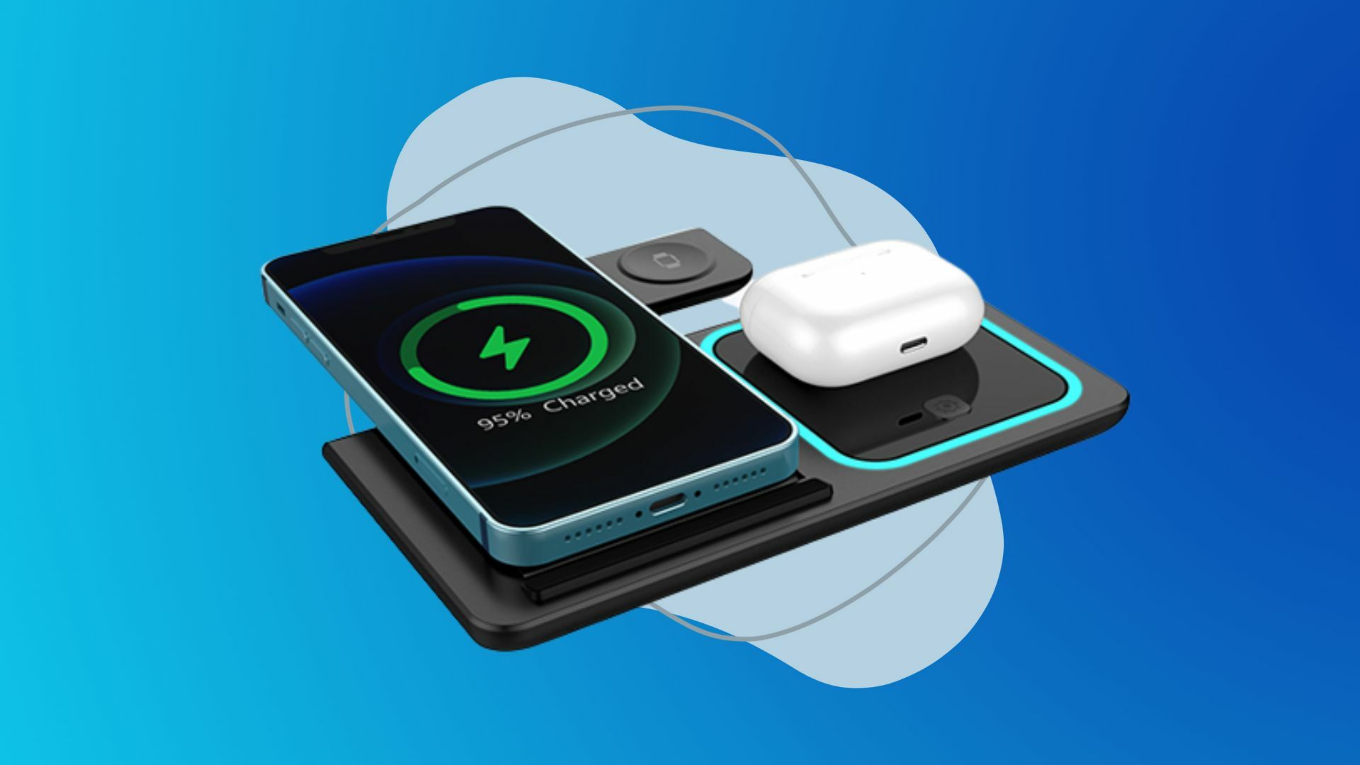 Charge and Fold 3-in-1 Docking Station on a blue background.