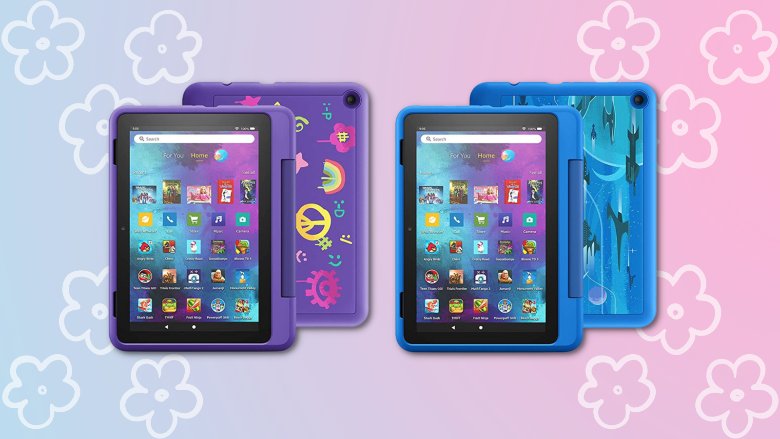 amazon fire hd 8 kids pro tablet in purple and blue with white flowers in background