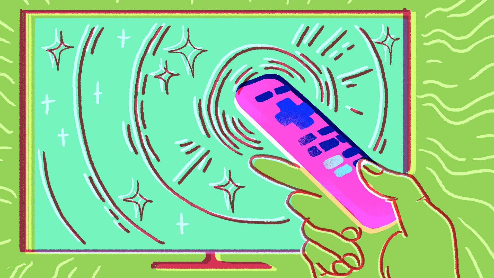 A pink remote control turns on a green TV