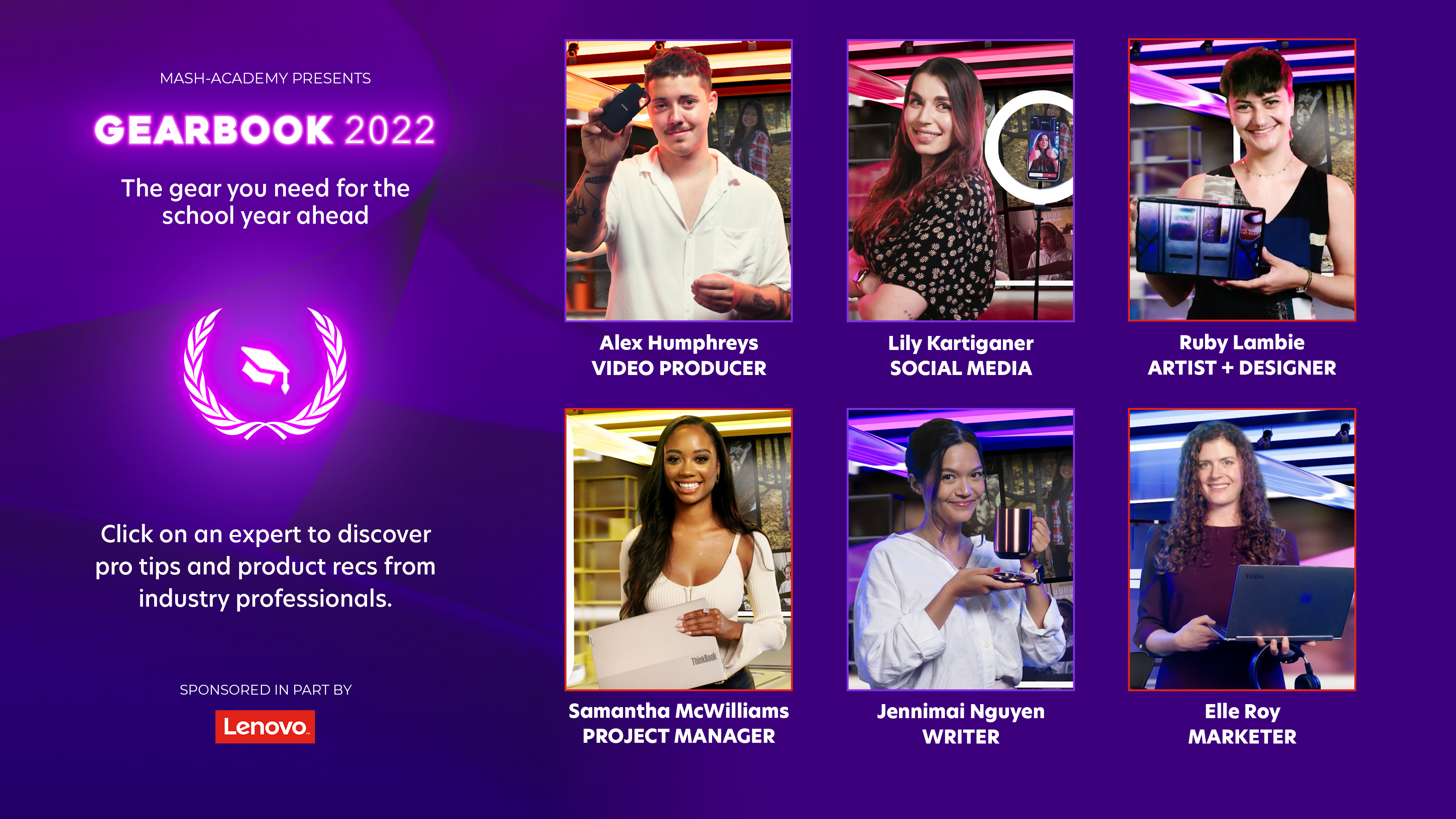 A selection page featuring six different Mashable staffers, all holding a different product while their names and professions are listed beneath them.