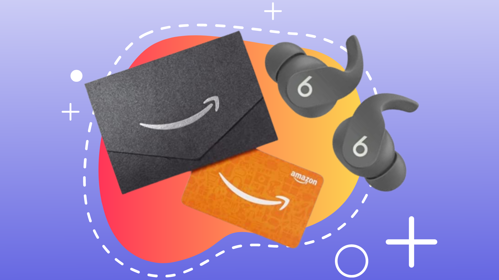 beats fit pro in gray with amazon gift card against orange and blue background