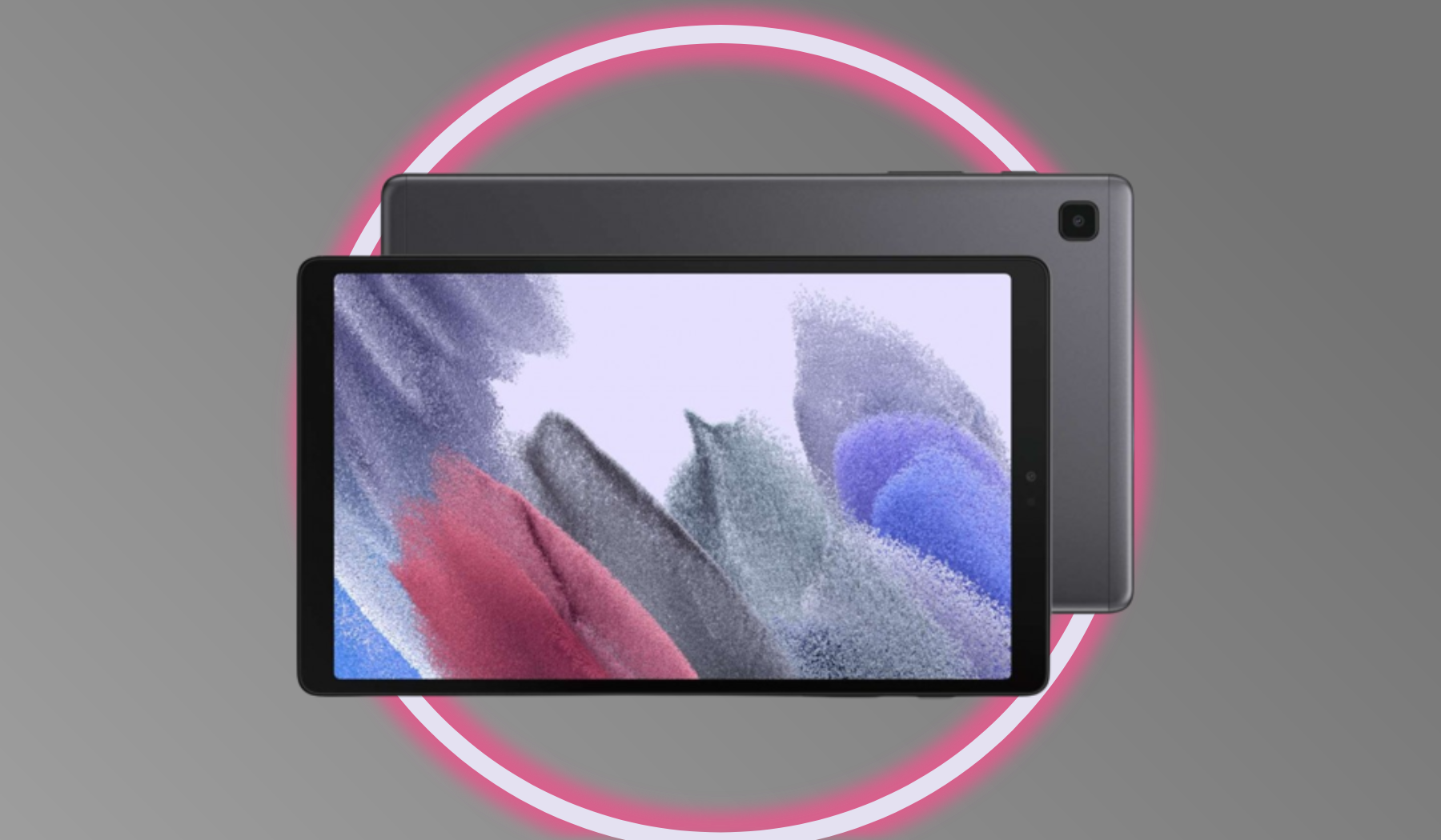 Front and back of Samsung A7 tablet on gray background with neon circle