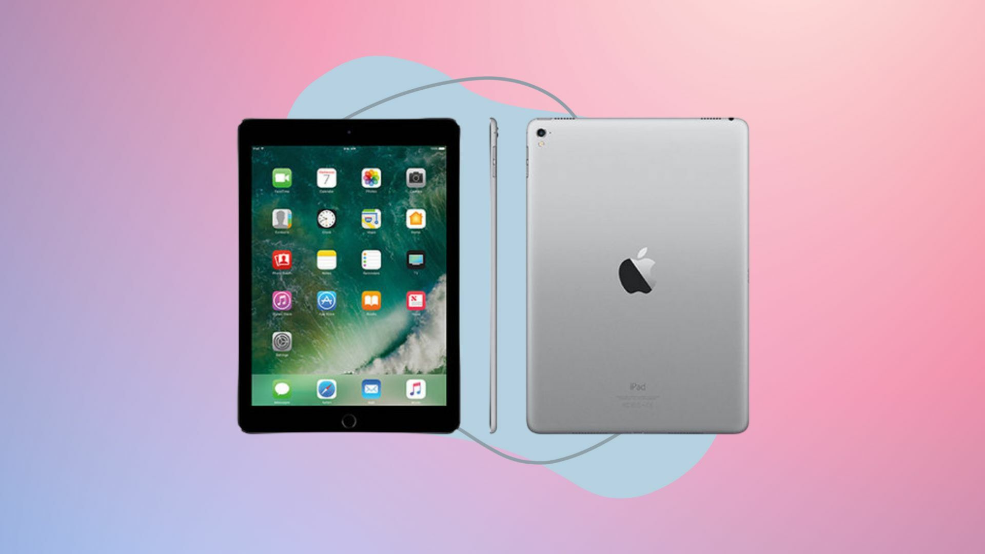 Apple iPad Pro 9.7-inch (refurbished) on a pink background.