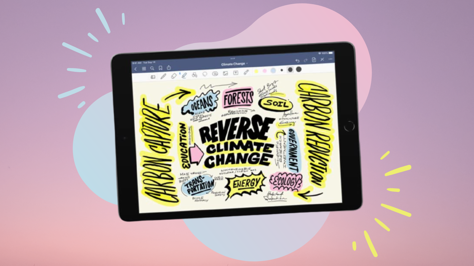 black ipad with brainstorm ideas on screen in pink, yellow, and blue