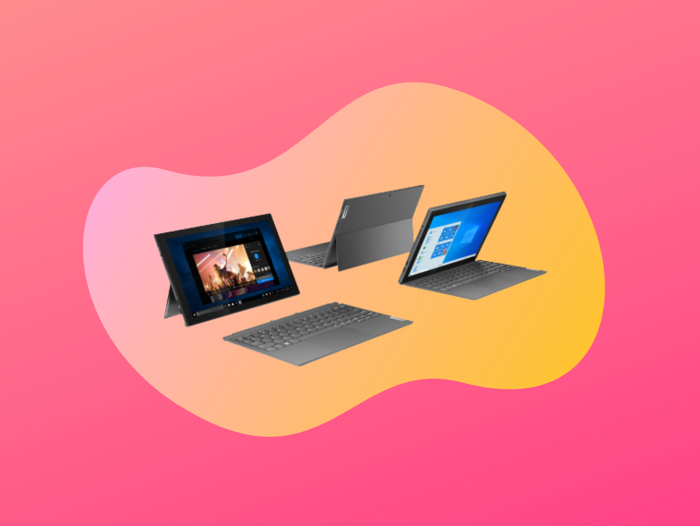 Lenovo IdeaPad Duet 3i laptop in multiple configurations against orange background