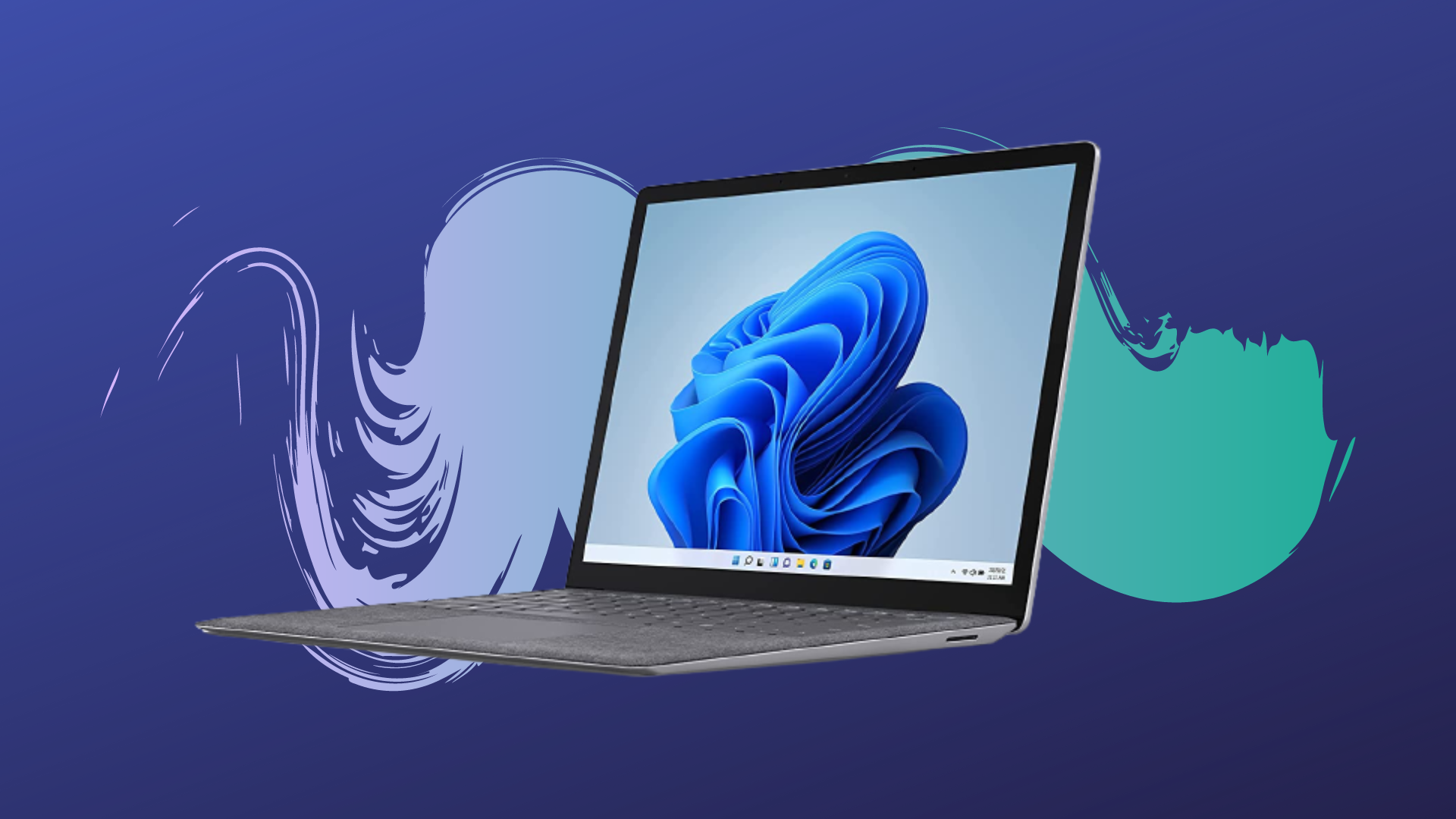 Microsoft Surface Laptop 4 with 13.5-inch touchscreen against a blue background.