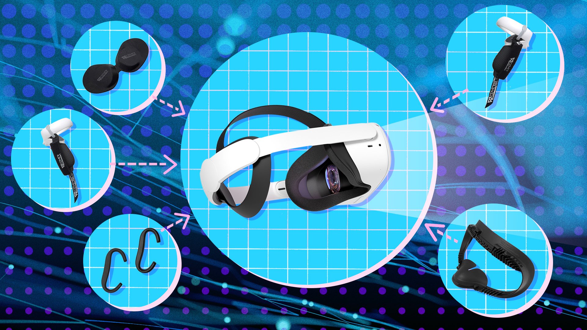 Accessories float around the Meta Quest 2 in blue bubbles: controller grips, adjustable foam, and a lens cover.