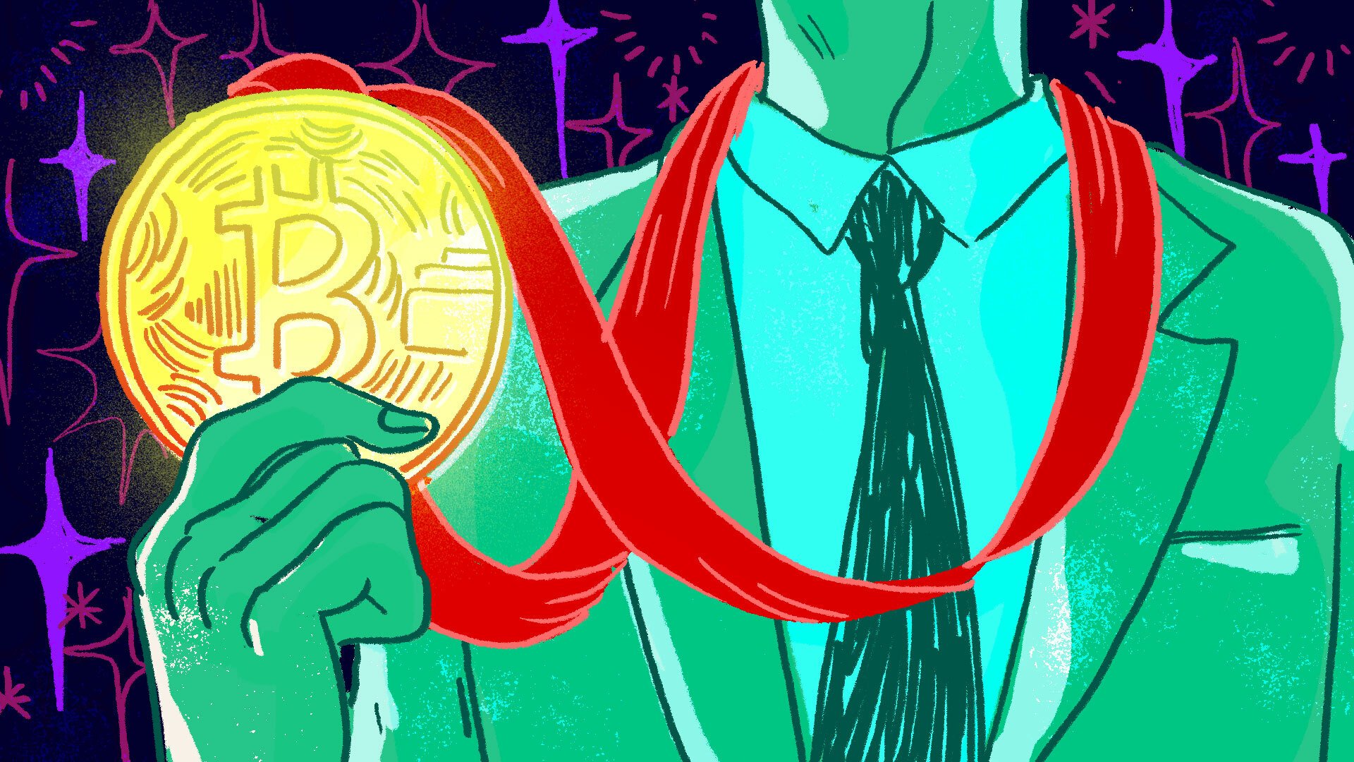 A person holds up a medallion with a bitcoin symbol on it