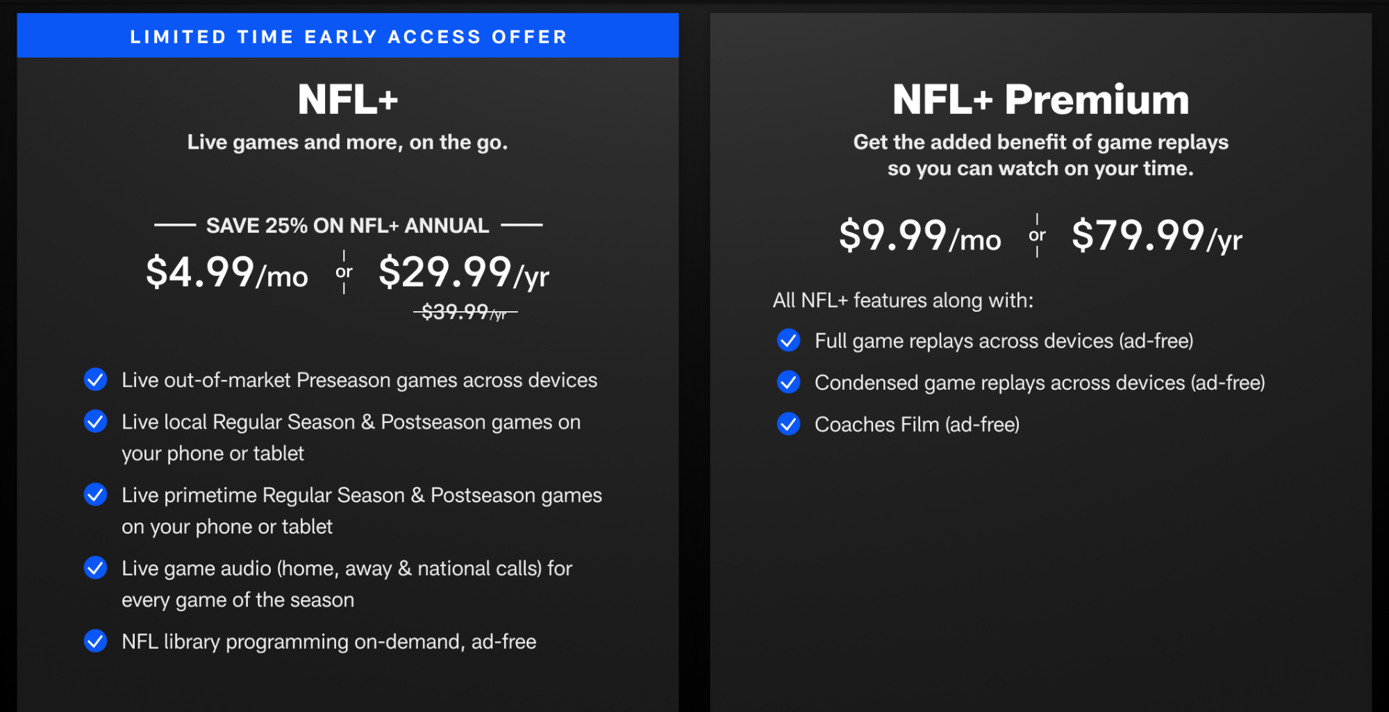 NFL+ subscription tiers