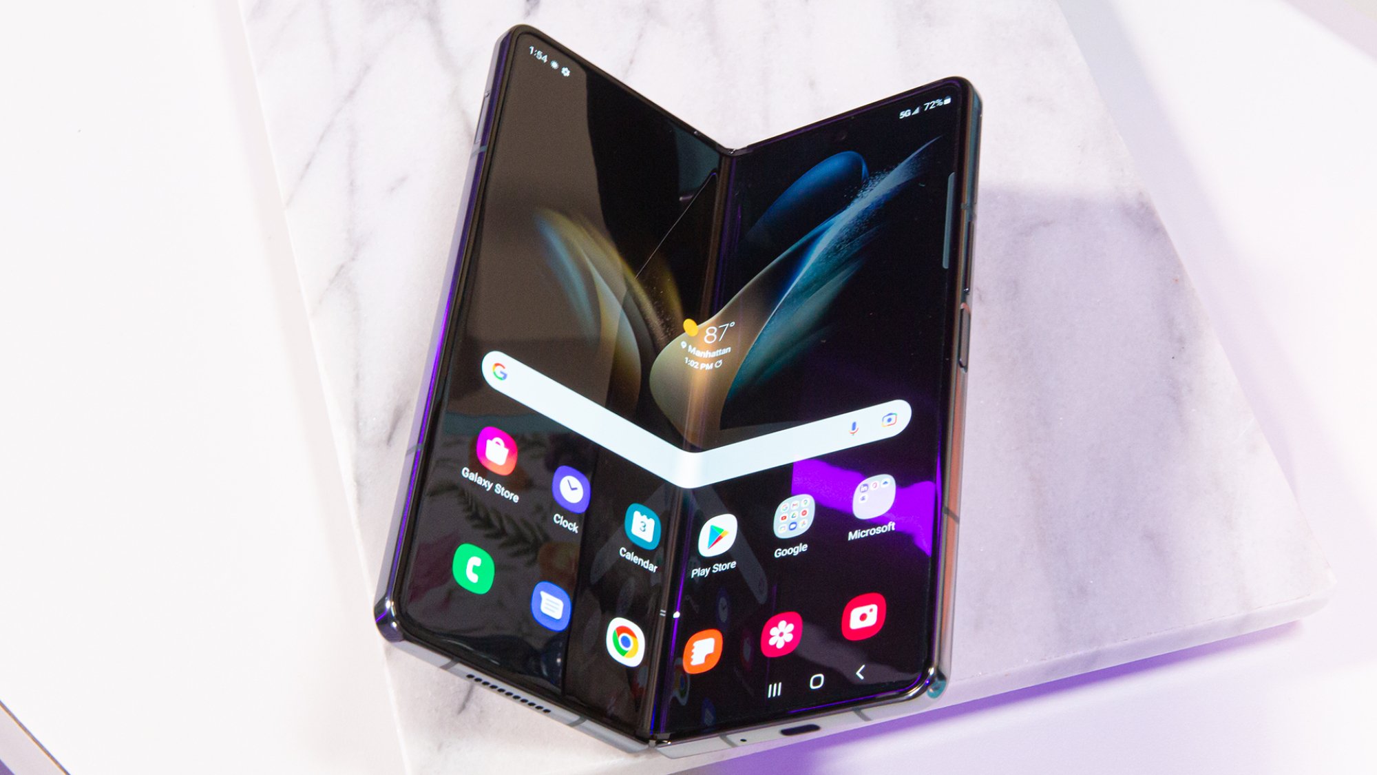 Galaxy Z Fold 4 foldable smartphone in a half-folded state