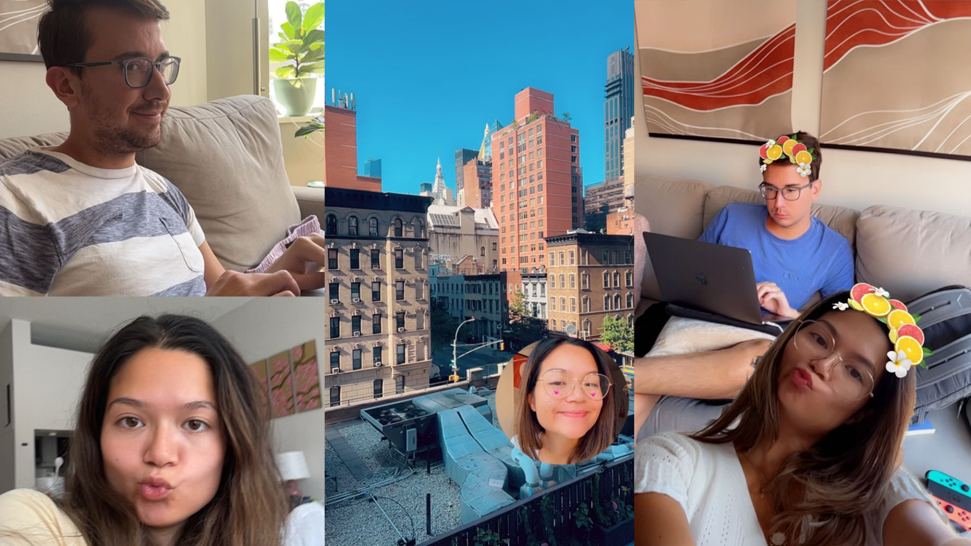 Composite of three Snachat screenshots showing a woman and man posing, a city skyscape, and the man sitting on a couch while the woman poses.