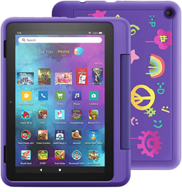 front and back view of purple amazon fire hd 8 kids pro tablet with doodle case
