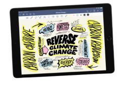 apple ipad in black with brainstorm ideas in pink, blue, and yellow