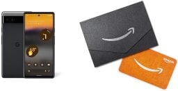 the google pixel 6a next to an amazon gift card with a matching envelope