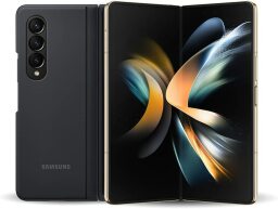 the front and back of a beige samsung galaxy z fold 4 with a stand case