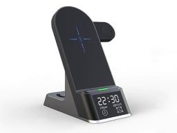 Six-in-One Wireless Charger Stand with Time Clock & Alarm on a white background.